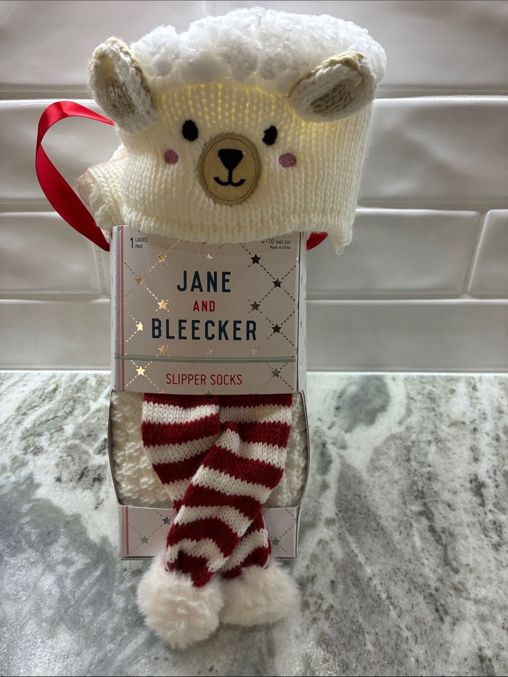 Jane and Bleecker Cream and Red Lamb Slipper Socks with Pom-Poms